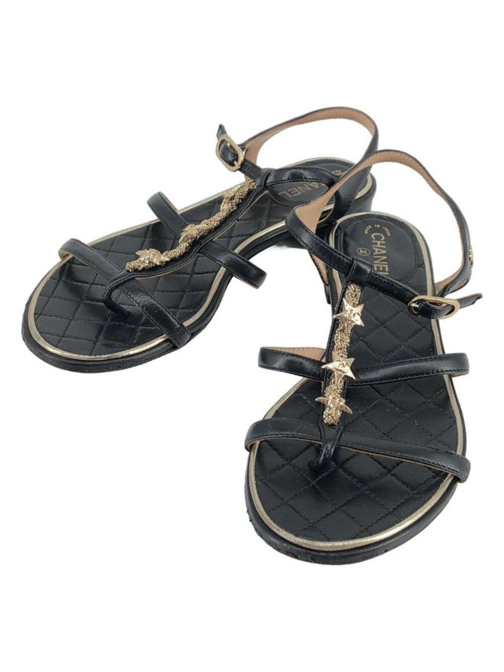 Chanel CC Logo Star Strap Sandals 35 Black Gold